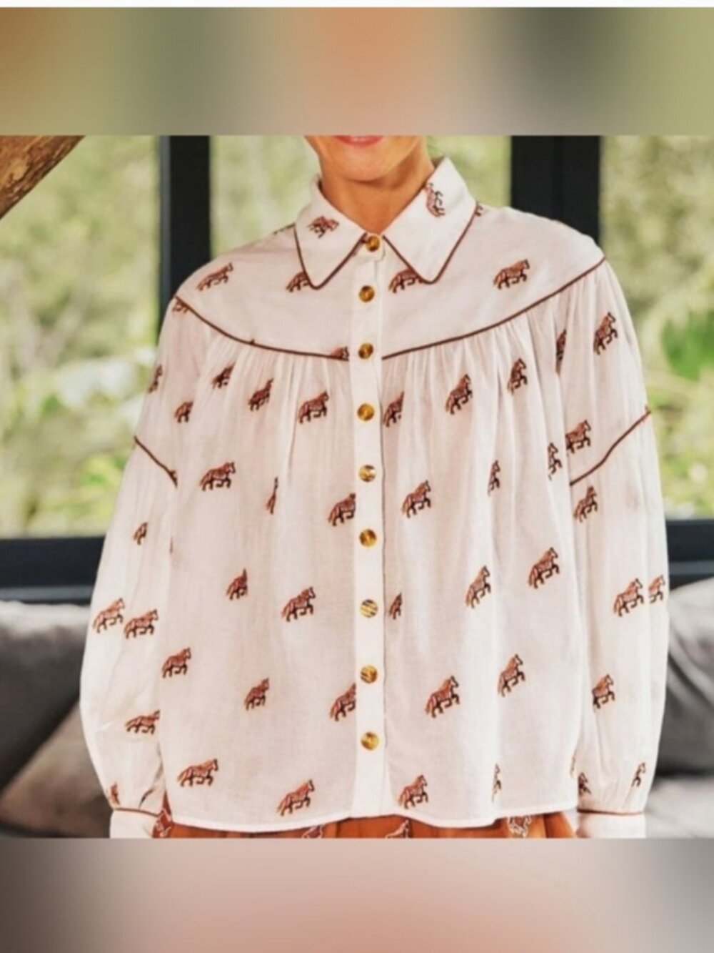 Farm Rio Embroidered Horses Front Buttons Cotton Blouse size XS - Picture 3 of 9